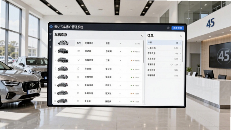 宏达汽车客户管理系统车辆库存与订单关联界面,画面中央为车型列表与订单详情面板,背景为汽车4S店展厅内部,有展车与接待台,风格简洁明亮,高清写实,适配Boogu模型生成