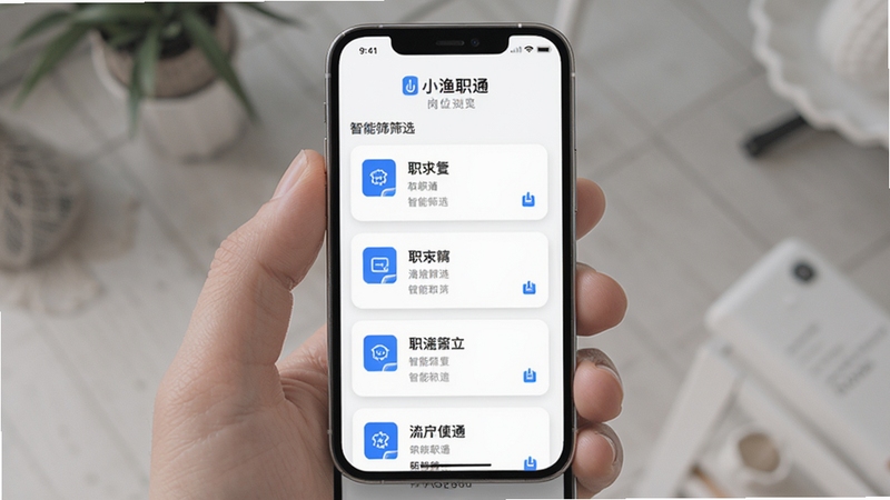 小渔职通 岗位浏览界面 手机屏幕 智能筛选 职位卡片 蓝色图标 白色背景 简洁列表 柔和阴影 画面主体居中 适配Boogu模型