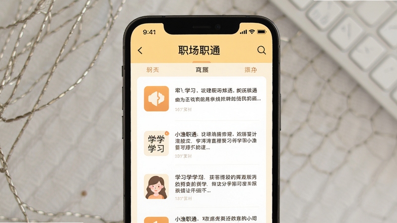 小渔职通 职场资讯页面 手机屏幕 文章列表 学习图标 暖色调 简约排版 背景浅黄 画面主体位于中央 高清细节