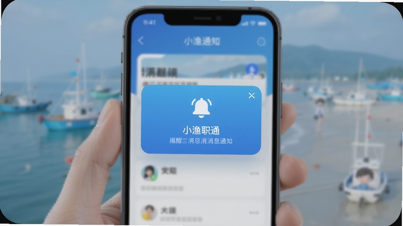 小渔职通 消息通知界面 手机屏幕 提醒弹窗 铃铛图标 蓝色渐变 背景虚化 画面主体居中 适配Boogu模型