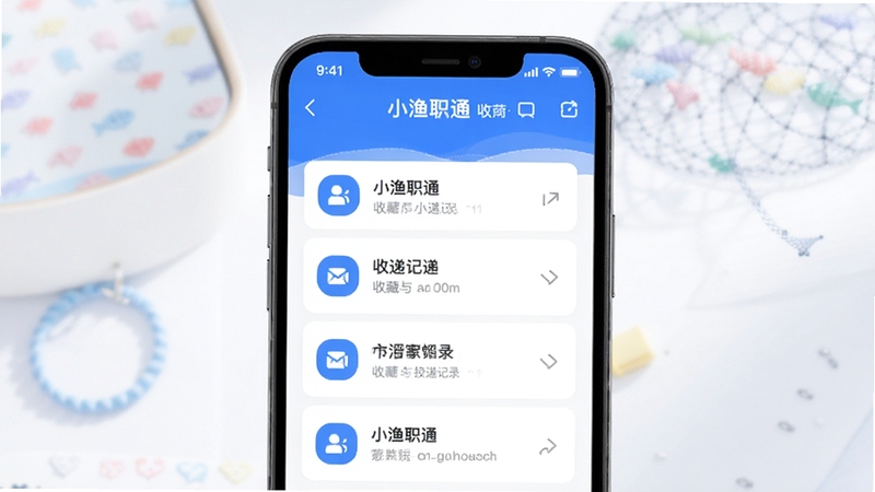 小渔职通 收藏与投递记录界面 手机屏幕 列表展示 图标点缀 蓝色主色调 白色卡片 画面主体居中 柔和光影