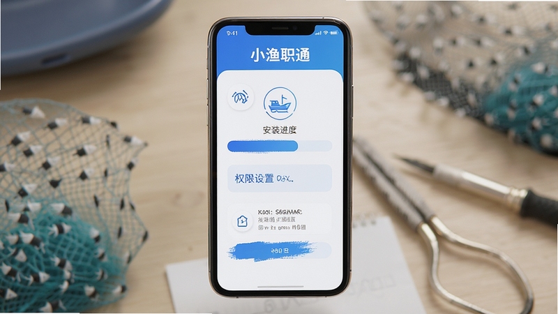 小渔职通 安装步骤示意图 手机屏幕 安装进度条 权限设置界面 蓝色主题 简洁图标 画面主体居中 高清细节