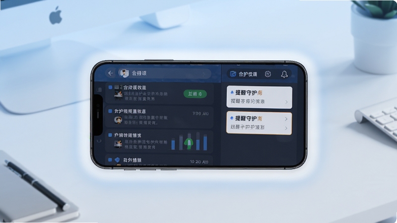 履约守护软件主界面展示,画面中央为手机屏幕内显示合同列表与提醒事项,背景为简洁的浅蓝色渐变办公桌面,屏幕周围有柔和光晕,整体风格清爽专业,分辨率1080x1920,适配Boogu模型生成