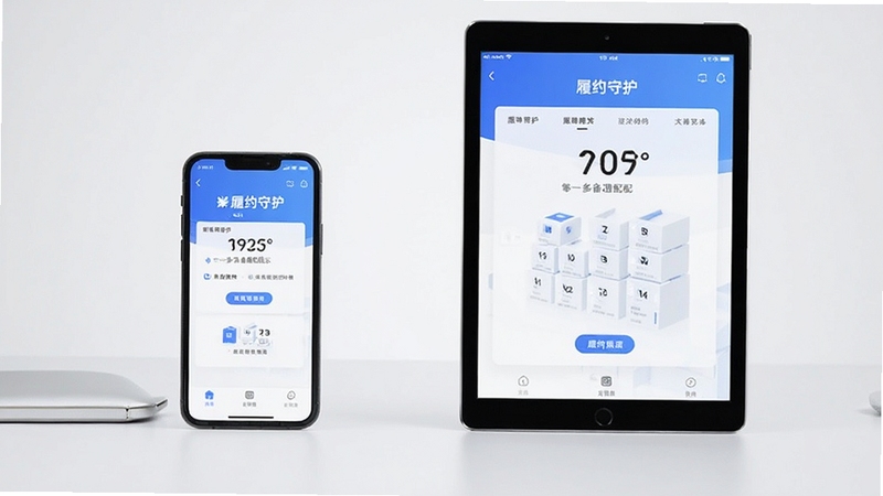 履约守护多设备适配展示,画面同时呈现手机与平板两种设备的屏幕界面,屏幕内显示相同的履约守护应用界面,背景为干净的浅灰色工作室桌面,整体风格统一整洁