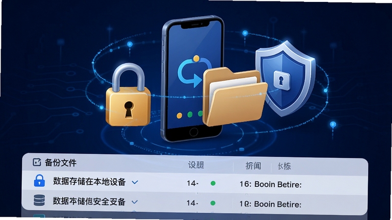 微聊记录备份还原本地存储安全示意图,画面中央是手机和文件夹图标,周围有加密锁和盾牌环绕,背景为深蓝色调突出安全防护感,底部显示备份文件列表,强调数据存储在本地设备的安全性
