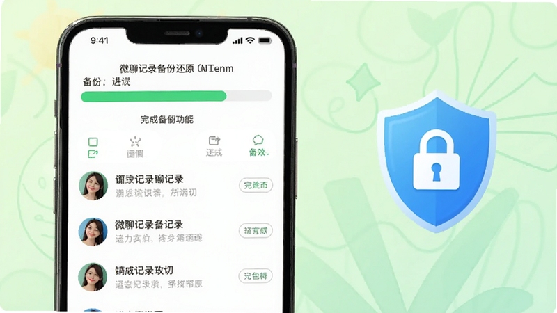 微聊记录备份还原一键备份功能界面,手机屏幕显示备份进度条和已完成的聊天记录列表,画面右侧有盾牌和锁图标代表数据安全,背景为浅绿色清新风格,整体呈现高效便捷的备份体验