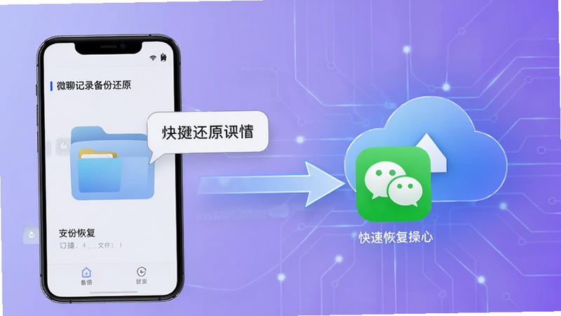 微聊记录备份还原数据还原操作界面,画面展示手机与云端存储之间的数据流转箭头,聊天气泡从备份文件夹移动到微信图标,背景为淡紫色科技感渐变,突出快速恢复的便捷性