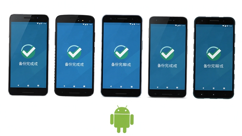 微聊记录备份还原多设备兼容展示图,画面中排列着多个不同品牌的安卓手机,每台手机屏幕都显示备份完成的对勾图标,背景为白色简约风格,底部有安卓机器人标志,突出广泛兼容性