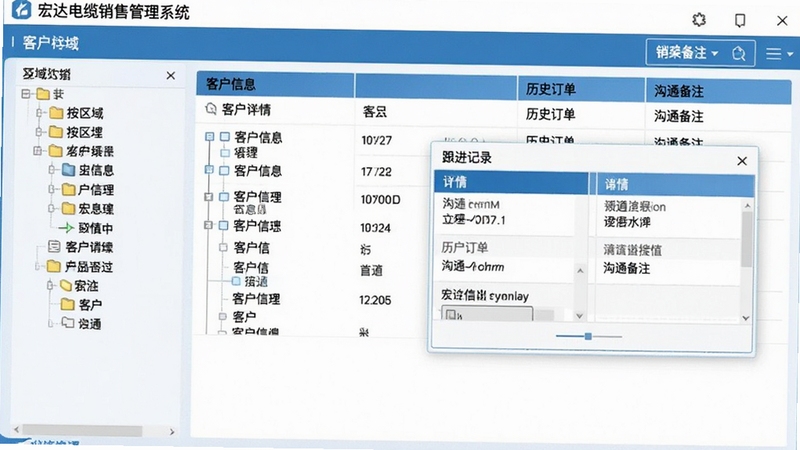 宏达电缆销售管理系统客户档案管理界面,画面展示客户信息列表与跟进记录弹窗,左侧为按区域分类的客户树形目录,右侧显示客户详情、历史订单与沟通备注,界面配色以蓝白为主,干净利落,体现专业销售管理软件的操作逻辑