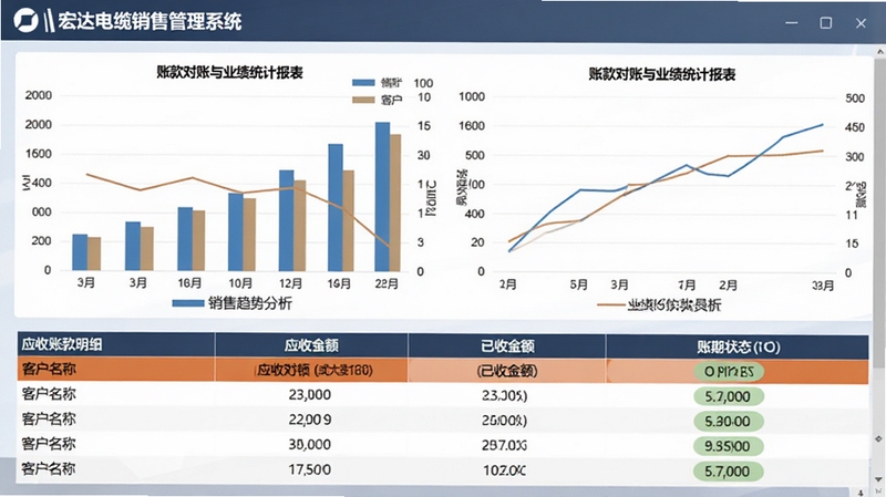 宏达电缆销售管理系统账款对账与业绩统计报表界面,画面中显示柱状图与折线图组合的销售趋势分析,下方为应收账款明细表格,表格中标注客户名称、应收金额、已收金额与账期状态,整体风格简洁商务,适合作为软件功能介绍配图