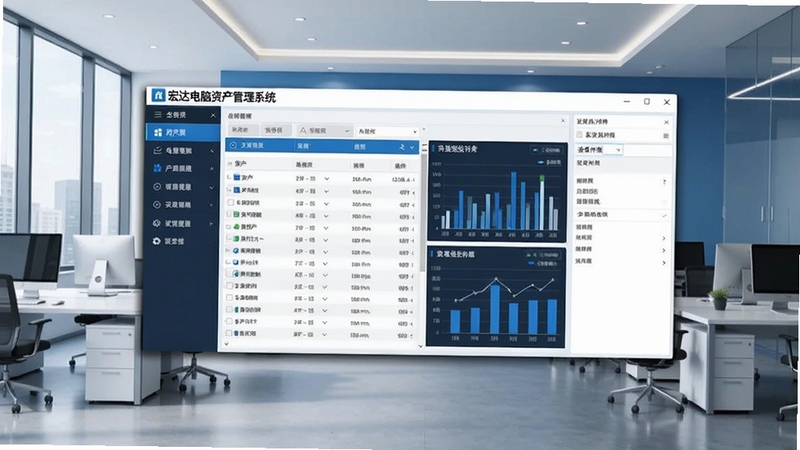 宏达电脑资产管理系统软件主界面全景展示,画面中央为资产列表与统计图表,左侧为功能导航栏,右侧为设备详情面板,背景为现代化办公室环境,整体色调以科技蓝与白色为主,清晰展示软件的操作界面和核心功能布局