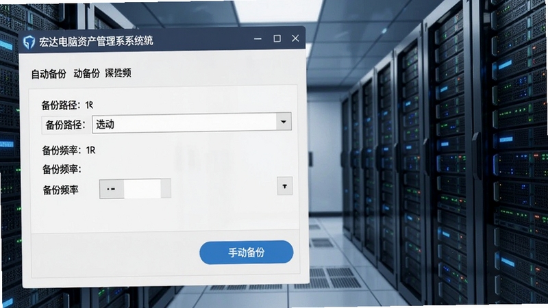 宏达电脑资产管理系统数据安全与备份功能界面,画面展示软件设置中的自动备份选项面板,包含备份路径选择、备份频率设置和手动备份按钮,界面风格专业稳重,背景为服务器机房环境,突出数据安全主题