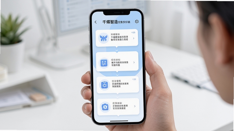 千蝶智造智能任务引导界面,手机屏幕中显示分步卡片式任务流程,每一步配有图标和简短文字,背景为白色与淡蓝色搭配,画面干净整洁,突出可视化引导功能