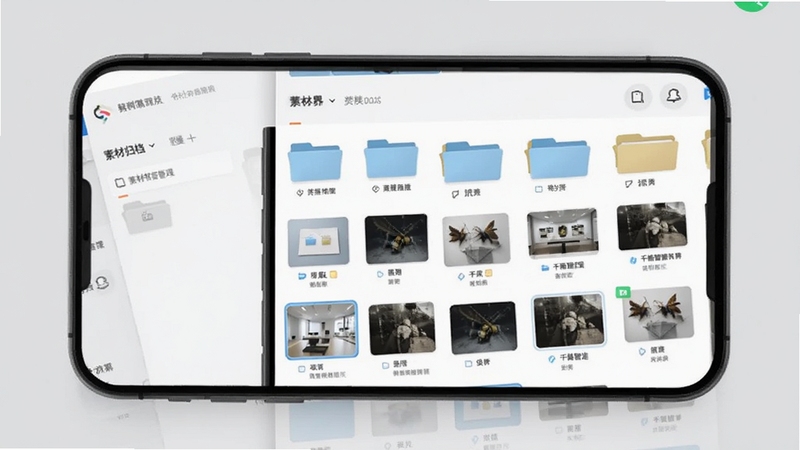 千蝶智造素材管理界面,手机屏幕中展示分类文件夹和缩略图网格,背景为浅灰色,画面风格简约商务,突出素材归档的便捷性