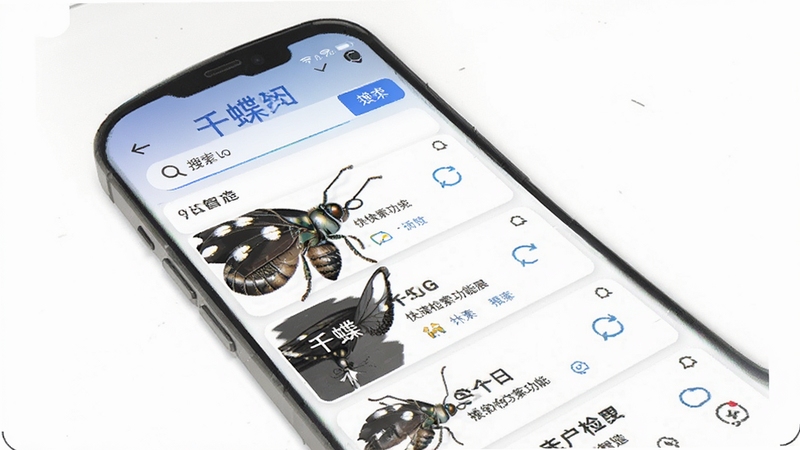 千蝶智造快速检索功能展示,手机屏幕中显示搜索框和结果列表,背景为白色,画面简洁,突出检索效率