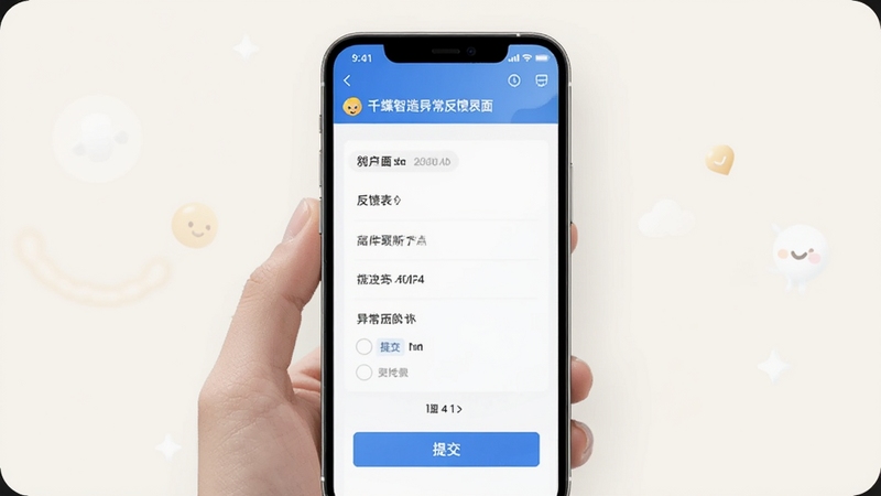 千蝶智造异常反馈界面,手机屏幕中显示反馈表单和提交按钮,背景为浅色,画面友好,突出用户支持渠道