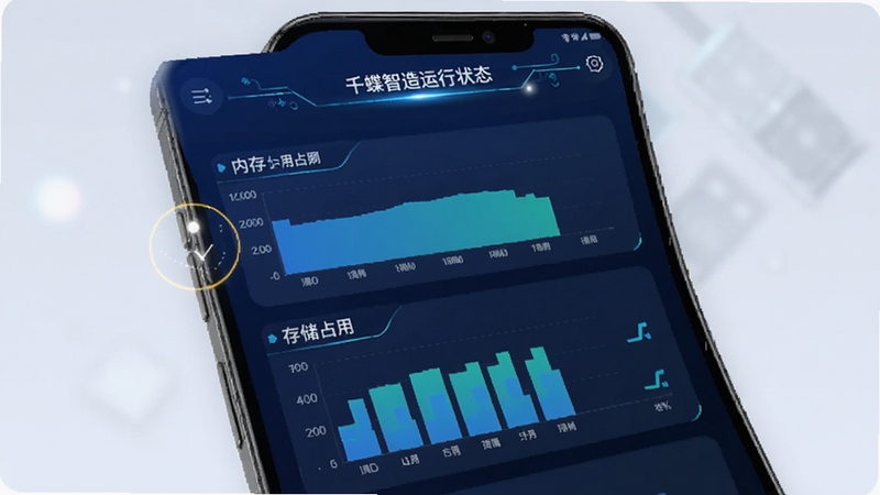 千蝶智造运行状态页面,手机屏幕中显示内存和存储占用条形图,背景为深蓝色渐变,画面具有科技感,突出资源监控功能