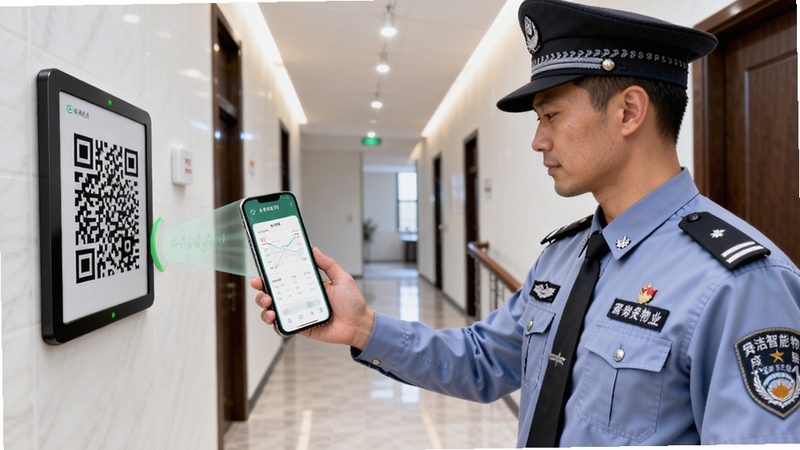 舜洁智慧物业 安保人员手持手机扫描巡逻点二维码场景图,画面主体为一名身穿制服的保安站在小区楼道内,手机屏幕显示舜洁智慧物业巡逻签到成功界面,背景为整洁的楼道环境,光线明亮,细节清晰,体现智慧物业管理的高效与规范