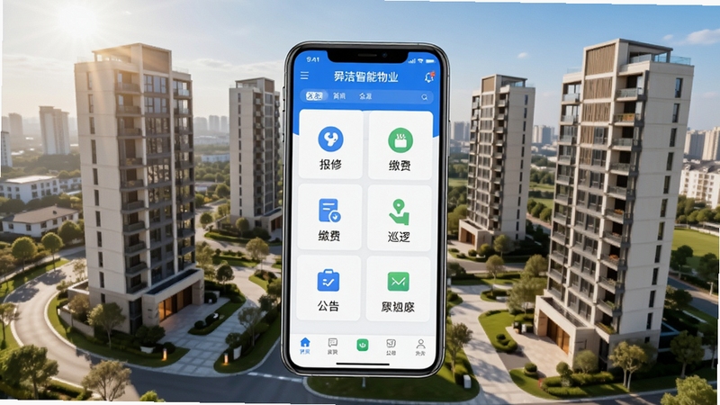 舜洁智慧物业 软件主界面功能全貌概览图,画面中央展示一部智能手机,屏幕内呈现舜洁智慧物业APP的首页仪表盘,包含报修、缴费、巡逻、公告等图标模块,背景为现代高层住宅小区俯瞰视角,阳光明媚,整体色调以科技蓝与暖白为主,画面干净整洁,适配Boogu模型生成
