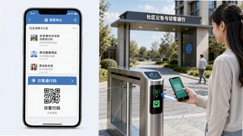舜洁智慧物业 社区公告与访客通行功能展示图,画面左侧为手机屏幕显示公告列表和访客通行码,右侧为小区大门闸机场景,一位访客正用手机扫码通过,背景为现代化小区入口,整体风格简洁明亮,突出智慧社区的便捷性