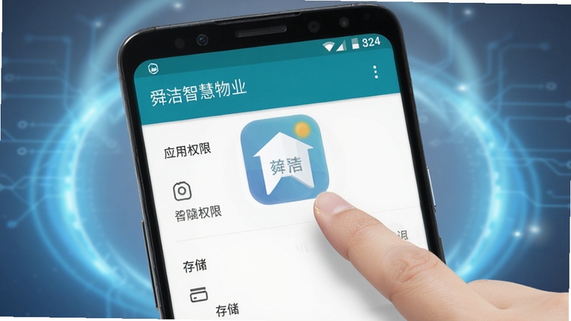 舜洁智慧物业 手机设置权限与存储空间优化示意图,画面展示一部安卓手机打开设置界面的特写,手指正点击“应用权限”和“存储”选项,背景为简洁的科技感光晕,屏幕中隐约可见舜洁智慧物业图标,整体风格清晰直观,适合教程配图