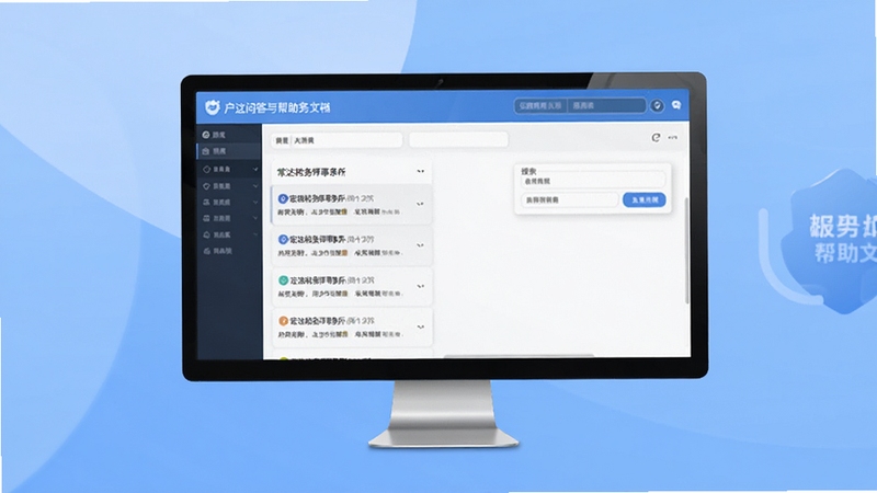 宏达税务师事务所业务管理系统 用户问答与帮助文档界面示意图,画面主体为常见问题列表与搜索框,背景区域为柔和的渐变蓝色,体现技术支持与用户服务场景