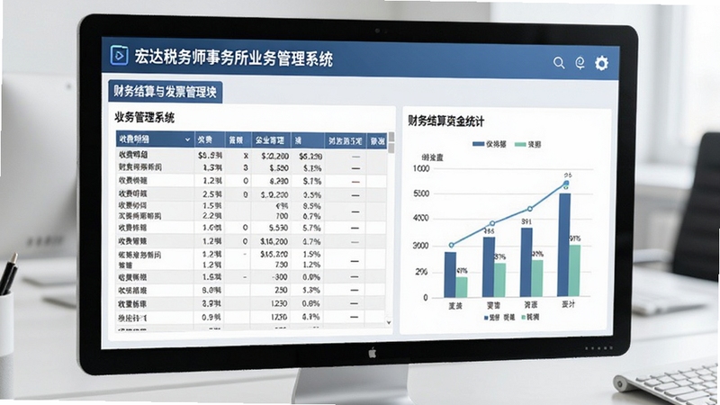 宏达税务师事务所业务管理系统 财务结算与发票管理模块界面,画面展示收费明细表格与统计图表,背景区域为简洁的财务办公桌面,突出数据可视化与资金管理功能