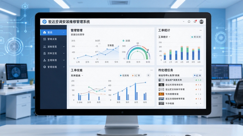 宏达空调安装维修管理系统软件界面全貌预览图,主画面居中展示电脑端管理后台仪表盘,左侧为功能导航栏,右侧为工单统计图表与待处理任务列表,背景为浅蓝色科技感办公场景,画面清晰、细节丰富,适配Boogu模型生成
