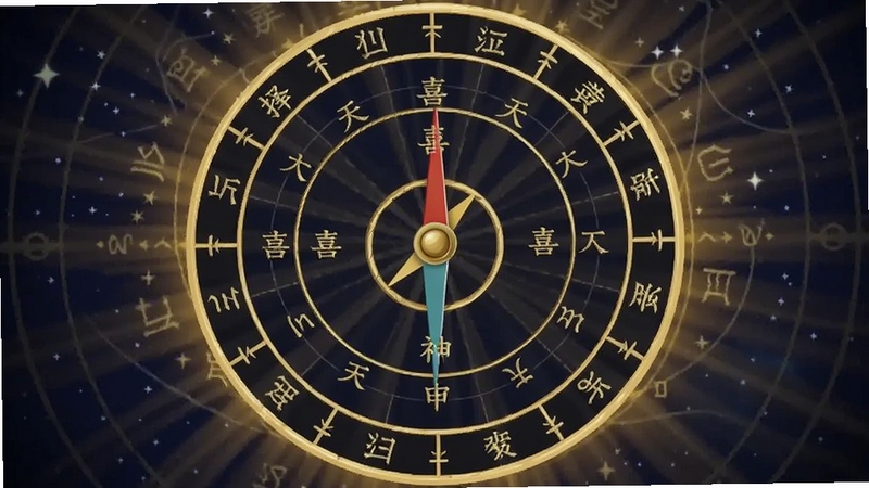 择吉老黄历吉神方位罗盘界面,圆形罗盘指针指向喜神方位,周围环绕天干地支字符,背景为深蓝星空与金色光线,体现择吉老黄历的玄学氛围