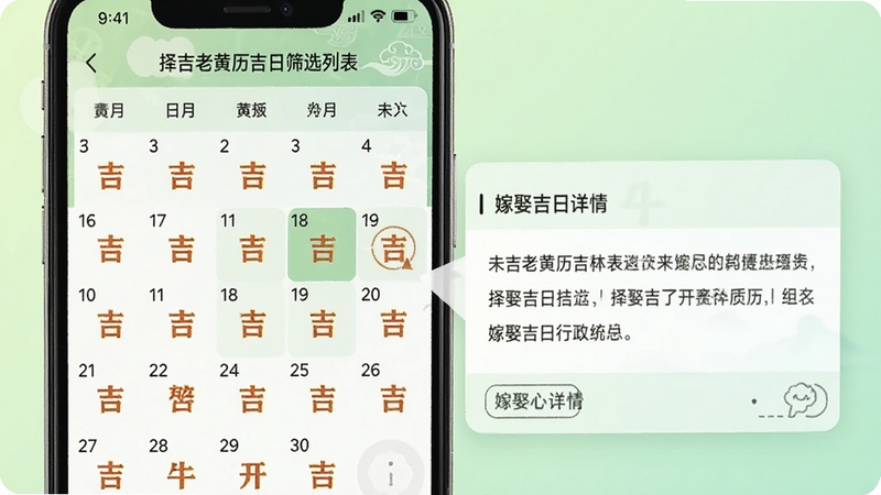 择吉老黄历吉日筛选列表,手机屏幕显示未来一个月内标注吉字的日期网格,选中日期弹出嫁娶吉日详情,背景为浅绿色渐变,风格清新