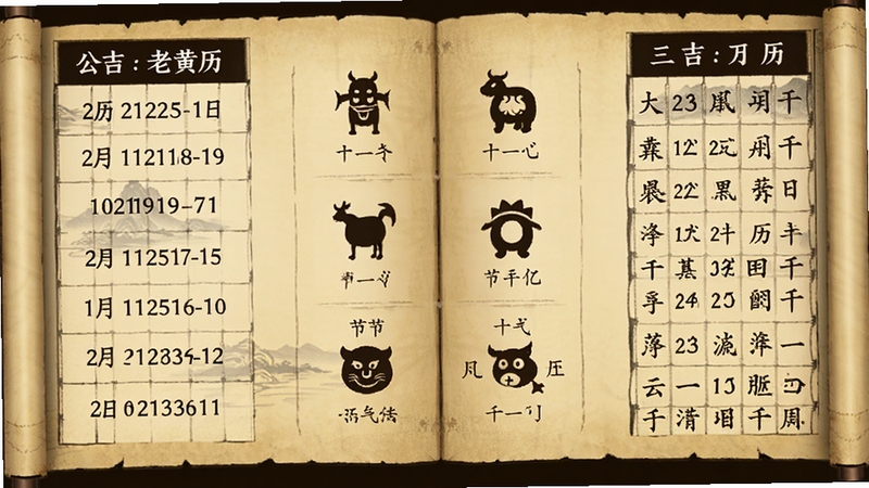 择吉老黄历万年历对照界面,左侧公历日期右侧农历干支,中间显示生肖与节气,背景为古书卷轴展开样式,色调米黄怀旧