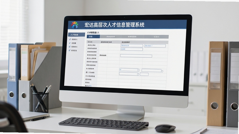 宏达高层次人才信息管理系统 人才档案录入界面,画面主体为电脑屏幕显示人才信息表单,屏幕坐标居中,背景区域为整洁的办公桌面,包含键盘与文件夹,风格写实,光线柔和,体现高效办公场景