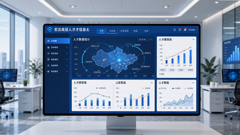 宏达高层次人才信息管理系统 软件主界面全貌展示,画面中央为系统仪表盘与人才数据统计图表,背景区域为现代化办公环境,整体色调以蓝白为主,突出专业与科技感,画面清晰,细节丰富,适配Boogu模型生成