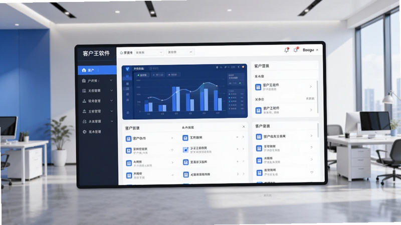 客户王软件主界面全景展示,画面中央为软件仪表盘与客户列表区域,左侧为功能导航栏,背景为现代简约办公环境,色调以蓝白为主,突出客户王软件名称与核心管理功能,适合Boogu模型生成