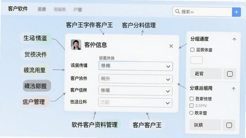 客户王软件客户资料管理界面特写,画面中心为一张客户信息卡片,周围环绕标签分类与搜索框,背景为浅蓝色渐变,细节展现字段录入与分组筛选功能,画面中自然融入客户王字样