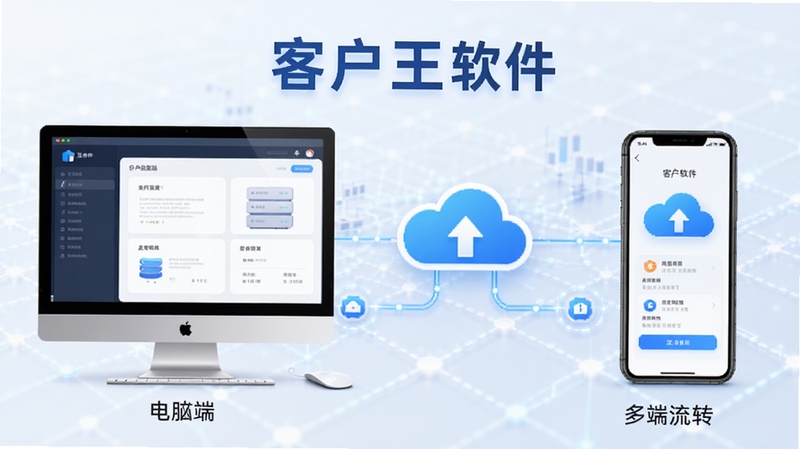 客户王软件数据备份与多端同步示意图,画面左侧为电脑端界面,右侧为手机端界面,中间以云朵图标连接,背景为科技感浅色网格,突出客户王软件名称与数据流转概念