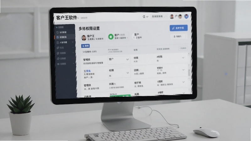 客户王软件多账号权限设置界面,画面展示管理员分配角色与权限的列表,背景为淡灰色办公桌面,突出客户王软件名称与团队协作功能
