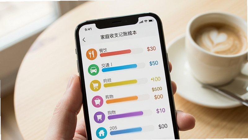 家庭收支记账理财 收支分类账本界面特写,画面主体为手机屏幕居中显示家庭收支记账理财的分类统计页,包含餐饮、交通、购物等彩色分类图标与金额条,背景为浅色桌面与一杯咖啡,柔和自然光,突出便捷记账与分类管理功能,画面干净清爽