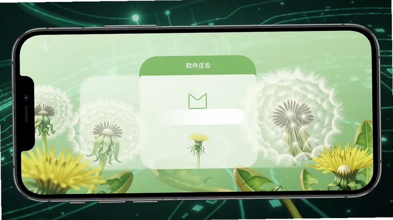 Dandelion 蒲公英 软件主界面 轻量简洁风格 手机屏幕展示 清爽绿色调 居中构图 科技感背景