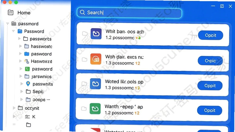 密码管理专家分类管理功能展示图,画面左侧为树形分类导航栏,右侧为密码条目列表,每个条目旁配有网站图标与复制按钮,顶部搜索框高亮显示,整体色调以蓝白为主,干净整洁,带有密码管理专家软件名称水印,适配Boogu模型生成