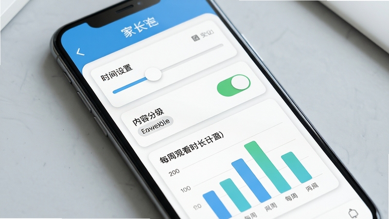 宝宝早教视频播放器 家长管控界面特写,画面展示手机屏幕上的时间设置滑块、内容分级开关和每周观看时长柱状图,背景为柔和的浅灰色桌面,整体风格简洁清晰,突出管控功能