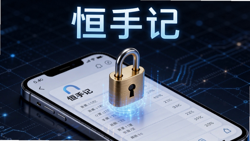 恒手记安全锁与隐私保护主题图,画面中央为一把金色小锁悬浮在手机屏幕上方,屏幕内显示加密的账本数据流,背景为深蓝色科技感网格,恒手记字样以发光字体呈现于上方,Boogu模型生成,赛博安全风格,高清渲染