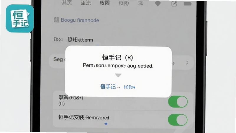 恒手记安装与权限设置步骤图,画面为手机屏幕截图风格,显示权限弹窗与设置开关,背景为浅灰色,画面一角有恒手记图标,Boogu模型生成,UI示意图风格,清晰直观