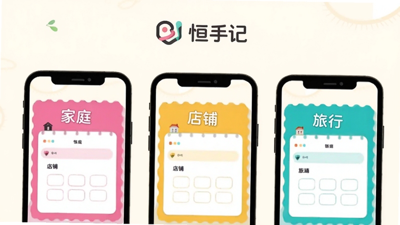 恒手记多账本切换界面示意图,画面展示三部并排的手机,分别显示不同颜色的账本封面,标签写着家庭、店铺、旅行,背景为柔和米白色,恒手记logo置于顶部中央,Boogu模型生成,扁平插画风格,色彩明快