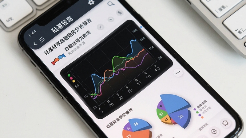 硅基轻享血糖趋势分析报告页面,手机屏幕展示彩色血糖曲线图和饼状统计图,背景为简洁白色桌面,画面中带有硅基轻享logo,体现数据分析功能