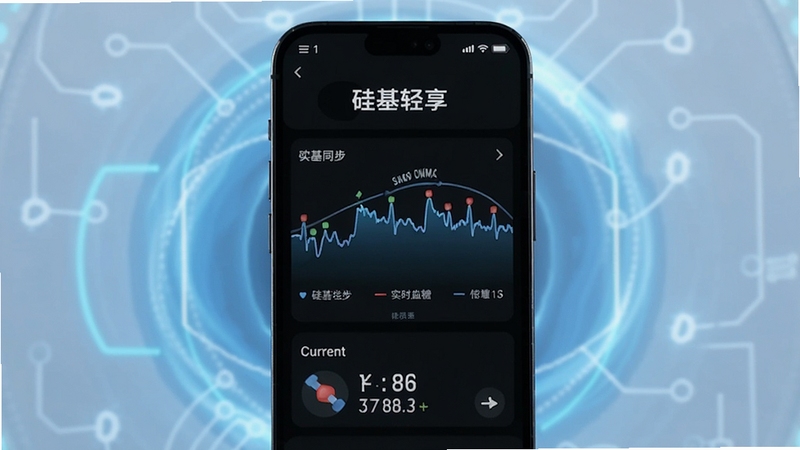 硅基轻享实时血糖监测界面,手机屏幕显示动态血糖曲线和当前数值,背景为科技感蓝色光晕,画面中有硅基轻享字样,突出实时同步功能