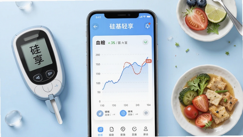 硅基轻享应用主界面展示,画面中央为手机屏幕显示血糖曲线图表,背景为柔和的浅蓝色渐变,周围点缀血糖仪设备和健康饮食元素,整体风格清新专业,适合健康类软件宣传图