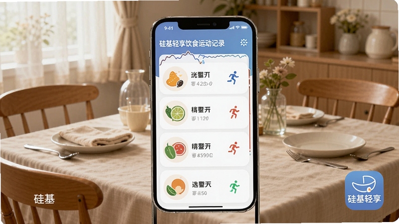 硅基轻享饮食运动记录界面,手机屏幕显示血糖曲线与饮食图标、运动图标对应标注,背景为温馨家庭餐桌场景,画面中带有硅基轻享应用图标,突出生活化健康管理