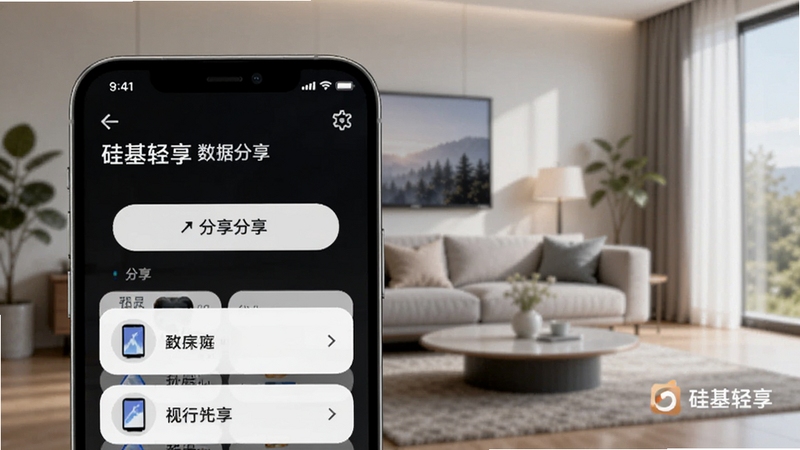 硅基轻享数据分享与多设备管理界面,手机屏幕显示分享按钮和多设备列表,背景为现代客厅环境,画面中带有硅基轻享品牌标识,体现家庭共享功能