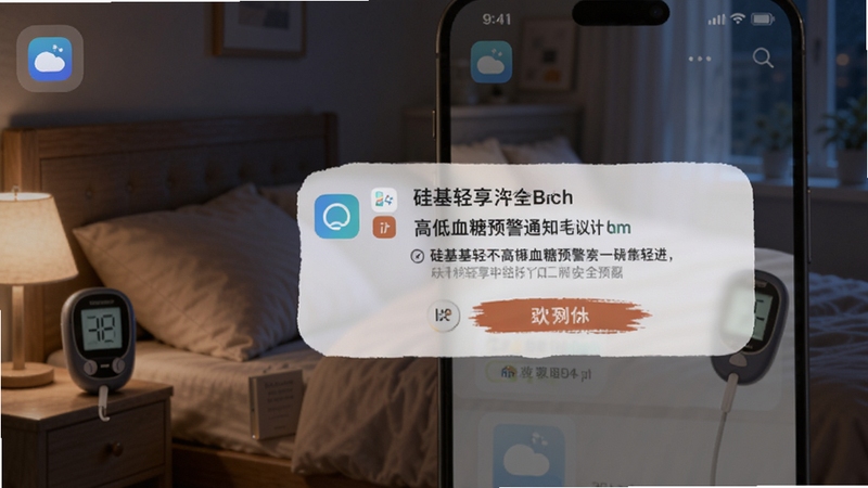 硅基轻享高低血糖预警通知界面,手机屏幕弹出提醒弹窗,背景为夜晚卧室场景,画面中有硅基轻享应用图标和血糖仪设备,突出安全预警功能